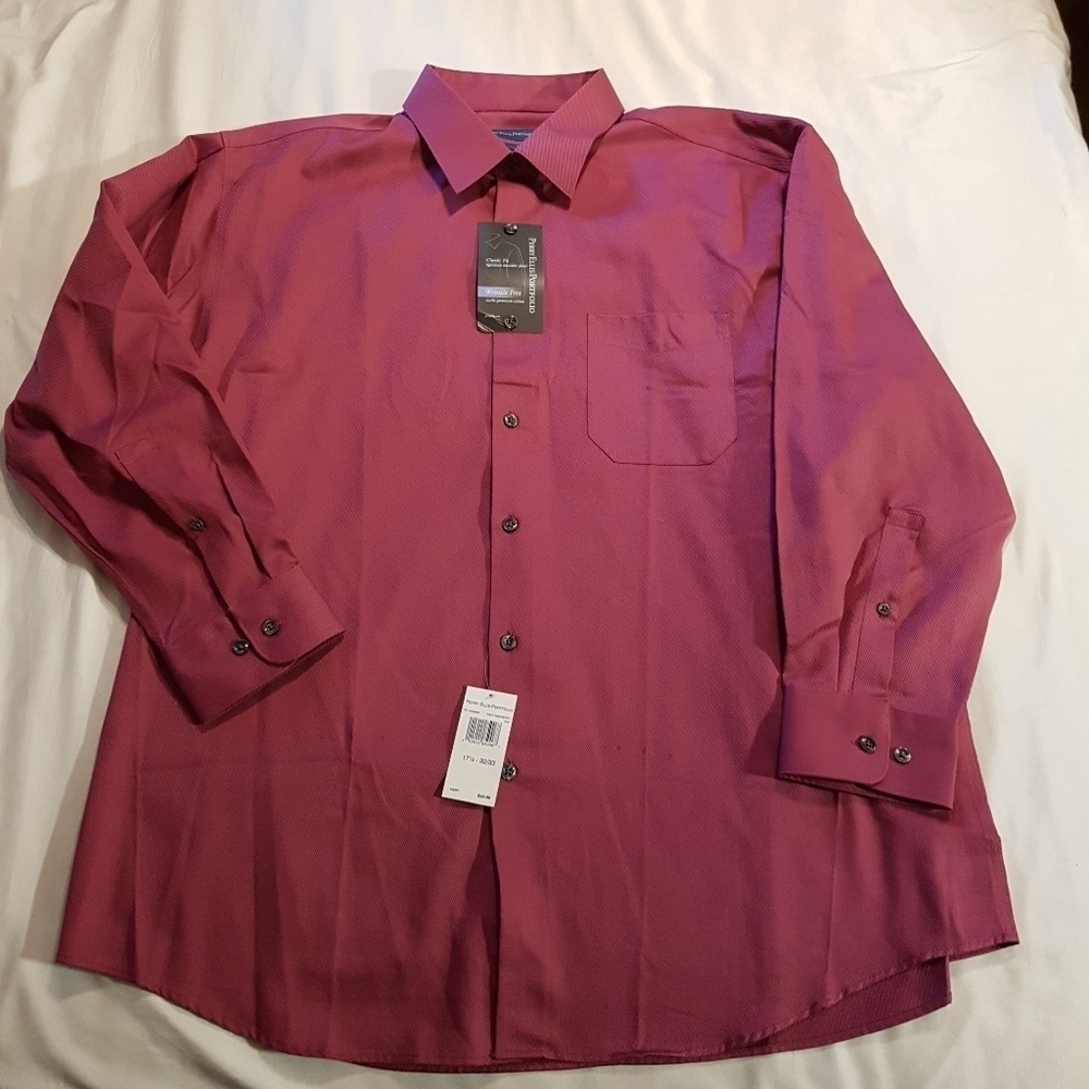 Perry Ellis men's dress shirt raspberry with fine stripe design 17 1/2 32/33 NWT